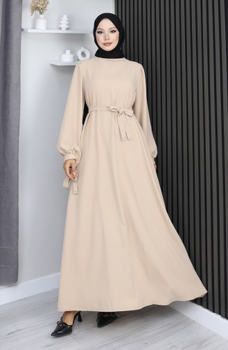 فستان حجاب برباط وأكمام 7121-09 بيج 7121-09