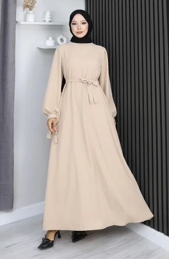 Manşeti Bağcıklı Tesettür Elbise 7121-09 Bej