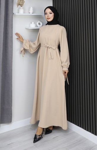 فستان حجاب برباط وأكمام 7121-09 بيج 7121-09