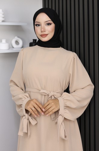 فستان حجاب برباط وأكمام 7121-09 بيج 7121-09