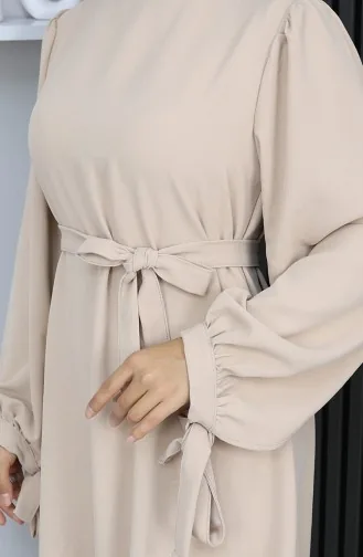 Manşeti Bağcıklı Tesettür Elbise 7121-09 Bej