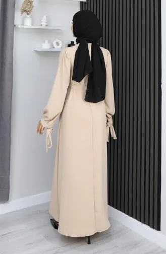 Manşeti Bağcıklı Tesettür Elbise 7121-09 Bej
