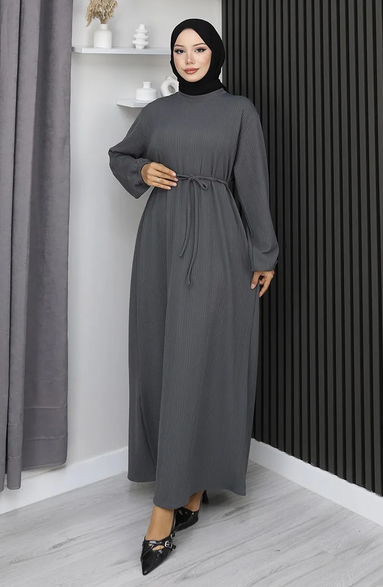 Burgunderfarbenes Hijab-Kleid Mit Elastischen Ärmeln Modell 2170-02 Anthrazit 2170-02