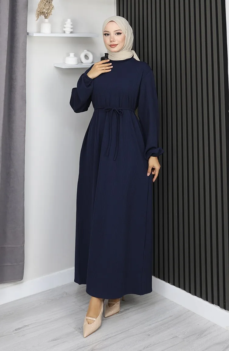 Burgunderfarbenes Hijab-Kleid Mit Elastischen Ärmeln Modell 2170-04 Marineblau 2170-04