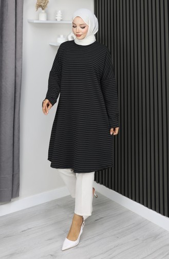 Tunique Rayée Basique De Saison Coupe Décontractée 8764-01 Noire 8764-01