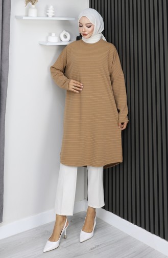 Tunique Rayée Basique De Saison Coupe Décontractée 8764-02 Café Au Lait 8764-02