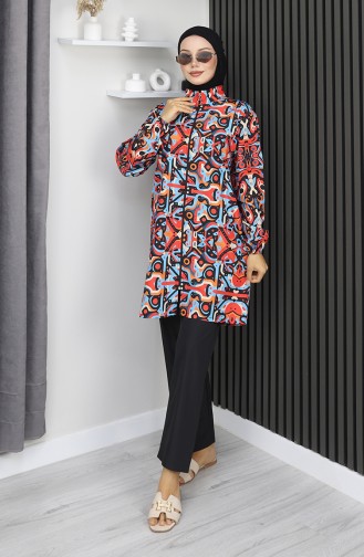 طقم ملابس سباحة للحجاب بنقشة هندسية من 3 قطع، 1903-01، أزرق مرجاني 1903-01