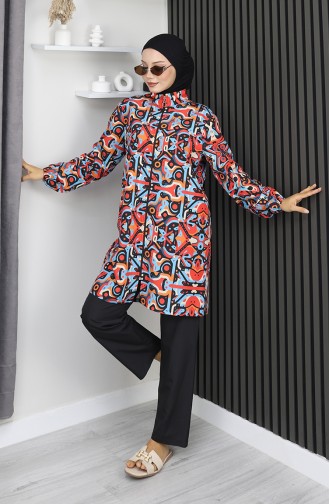 طقم ملابس سباحة للحجاب بنقشة هندسية من 3 قطع، 1903-01، أزرق مرجاني 1903-01