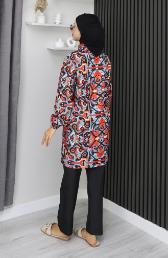 طقم ملابس سباحة للحجاب بنقشة هندسية من 3 قطع، 1903-01، أزرق مرجاني 1903-01