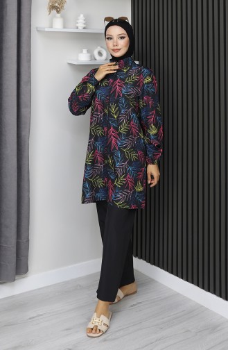 Hijab Badpak Tropisch Patroon 3-delige Set 1903-02 Zwart Fuchsia 1903-02