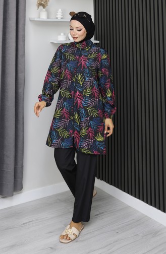 Hijab Badpak Tropisch Patroon 3-delige Set 1903-02 Zwart Fuchsia 1903-02