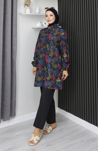 Hijab Badpak Tropisch Patroon 3-delige Set 1903-02 Zwart Fuchsia 1903-02