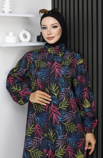 Hijab Badpak Tropisch Patroon 3-delige Set 1903-02 Zwart Fuchsia 1903-02