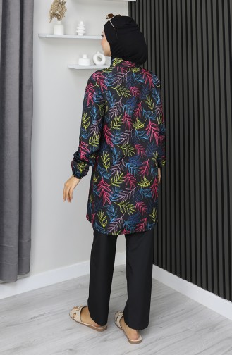 Hijab Badpak Tropisch Patroon 3-delige Set 1903-02 Zwart Fuchsia 1903-02