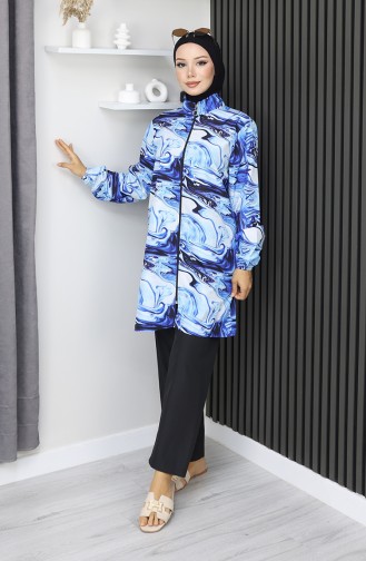 بدلة سباحة محجبات بنقشة مموجة، 3 قطع، أزرق داكن، 1903-03 1903-03