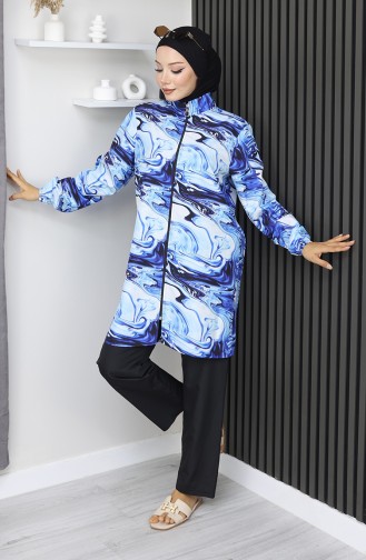 بدلة سباحة محجبات بنقشة مموجة، 3 قطع، أزرق داكن، 1903-03 1903-03