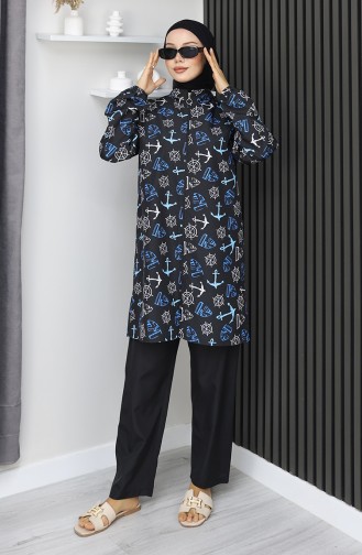 Hijab Swimsuit Anchor Pattern 3-Piece Set 1903-04 Black Indigo 1903-04