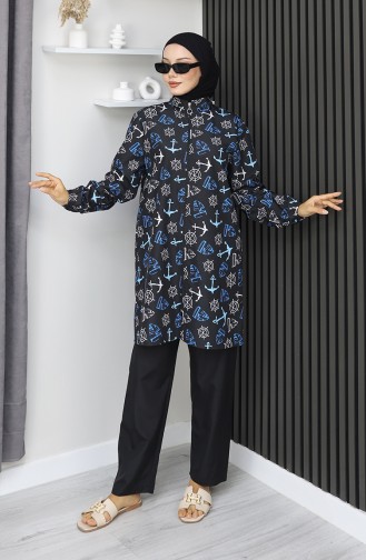 Hijab Swimsuit Anchor Pattern 3-Piece Set 1903-04 Black Indigo 1903-04