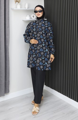 Hijab Swimsuit Anchor Pattern 3-Piece Set 1903-04 Black Indigo 1903-04