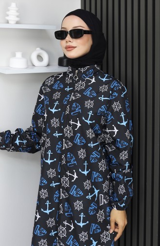 Hijab Swimsuit Anchor Pattern 3-Piece Set 1903-04 Black Indigo 1903-04