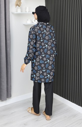 Hijab Swimsuit Anchor Pattern 3-Piece Set 1903-04 Black Indigo 1903-04