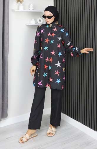 طقم ملابس سباحة محجبات بنقشة نجمة البحر، مكون من 3 قطع، 1903-06، أسود فيروزي 1903-06