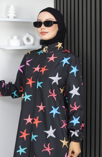 طقم ملابس سباحة محجبات بنقشة نجمة البحر، مكون من 3 قطع، 1903-06، أسود فيروزي 1903-06