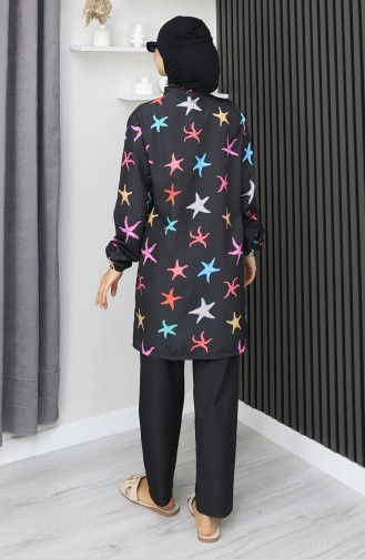 طقم ملابس سباحة محجبات بنقشة نجمة البحر، مكون من 3 قطع، 1903-06، أسود فيروزي 1903-06