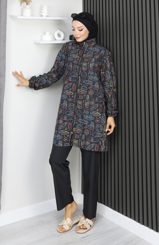 طقم ملابس سباحة محجبات بنقشة كليوباترا، 3 قطع، 1903-08، أسود 1903-08