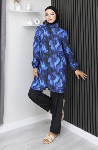 بدلة سباحة محجبات بنقشة المحيط، 3 قطع، أزرق داكن، 1903-10 1903-10