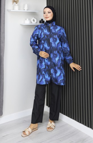 بدلة سباحة محجبات بنقشة المحيط، 3 قطع، أزرق داكن، 1903-10 1903-10