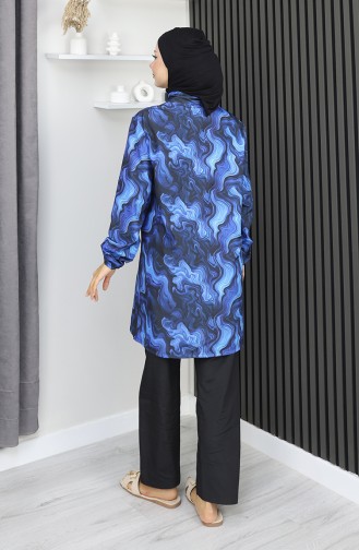 بدلة سباحة محجبات بنقشة المحيط، 3 قطع، أزرق داكن، 1903-10 1903-10