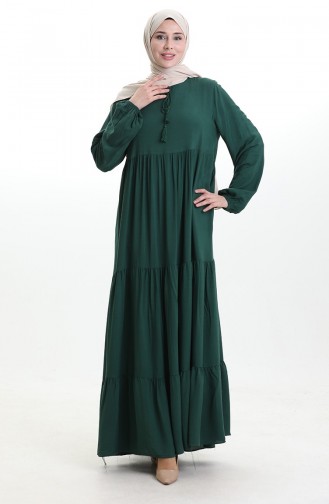 Yaka Bağcıklı Kat Kat Elbise 4107-13 Zümrüt Yeşil