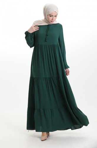 Yaka Bağcıklı Kat Kat Elbise 4107-13 Zümrüt Yeşil