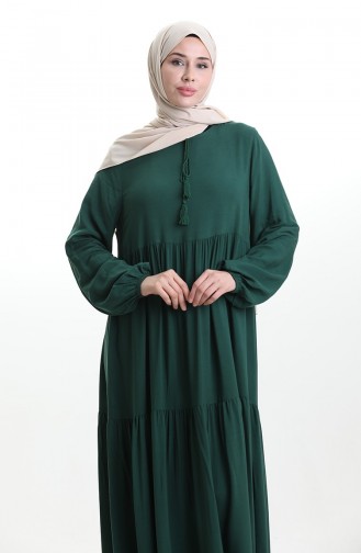 Yaka Bağcıklı Kat Kat Elbise 4107-13 Zümrüt Yeşil