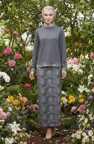 Oysho Kumaş Desenli Etekli Tesettür Takım 0218-04 Antrasit