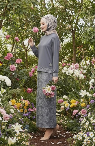 Oysho Kumaş Desenli Etekli Tesettür Takım 0218-04 Antrasit