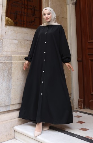 Hooded Buttoned Front Hijab Abaya 2173-01 Black 2173-01
