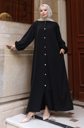 Hooded Buttoned Front Hijab Abaya 2173-01 Black 2173-01