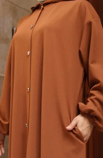 عباية حجاب بغطاء رأس وأزرار أمامية 2173-02 لون بني 2173-02