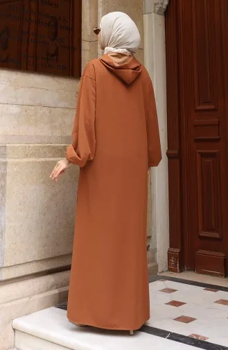 عباية حجاب بغطاء رأس وأزرار أمامية 2173-02 لون بني 2173-02