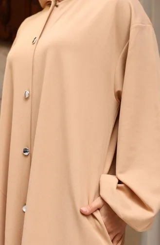 عباية حجاب بغطاء رأس وأزرار أمامية 2173-03 لون قهوة حليبية 2173-03