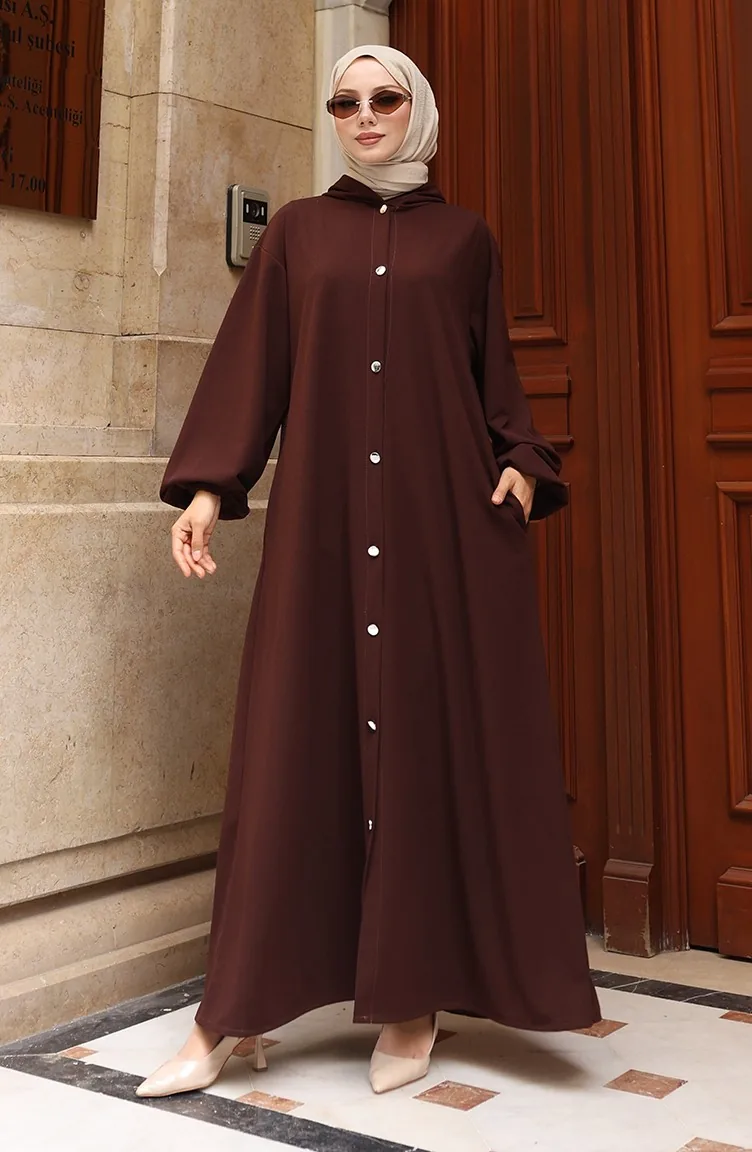 عباية حجاب بغطاء رأس وأزرار أمامية 2173-04 بني 2173-04