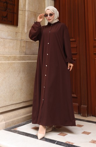 Hooded Buttoned Front Hijab Abaya 2173-04 Brown 2173-04