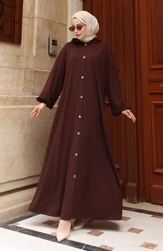 عباية حجاب بغطاء رأس وأزرار أمامية 2173-04 بني 2173-04
