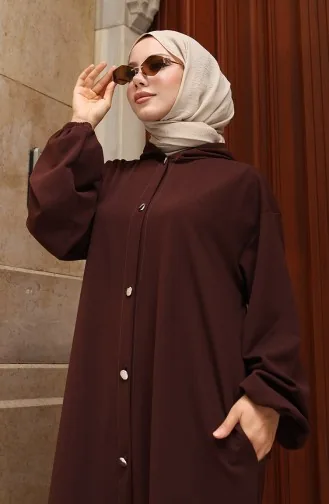 عباية حجاب بغطاء رأس وأزرار أمامية 2173-04 بني 2173-04