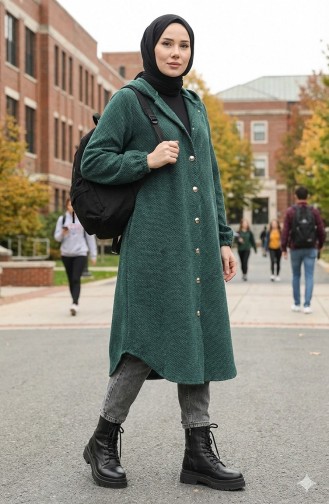 Kapüşonlu Düğmeli Kaşe Kap 0201-07 Zümrüt Yeşili
