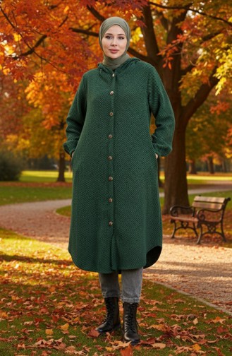 Kapüşonlu Düğmeli Kaşe Kap 0201-07 Zümrüt Yeşili