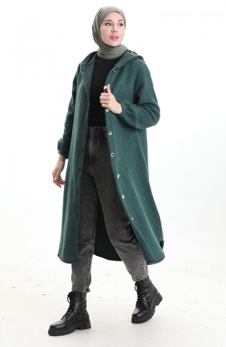 Kapüşonlu Düğmeli Kaşe Kap 0201-07 Zümrüt Yeşili