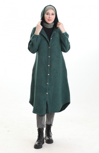 Kapüşonlu Düğmeli Kaşe Kap 0201-07 Zümrüt Yeşili